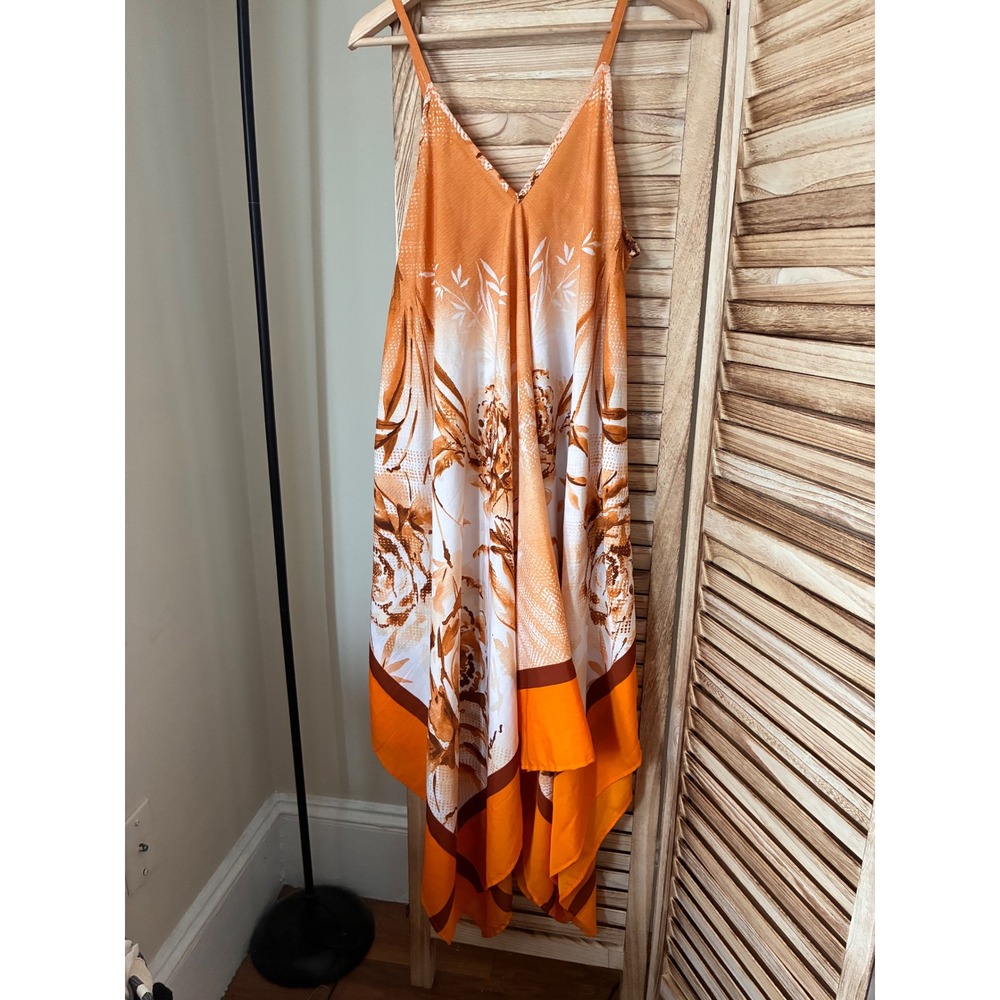 Mlle Gabriell Orange Brown Floral Scarf Print Handkerchief Hem Dress L Boho - Picture 5 of 8